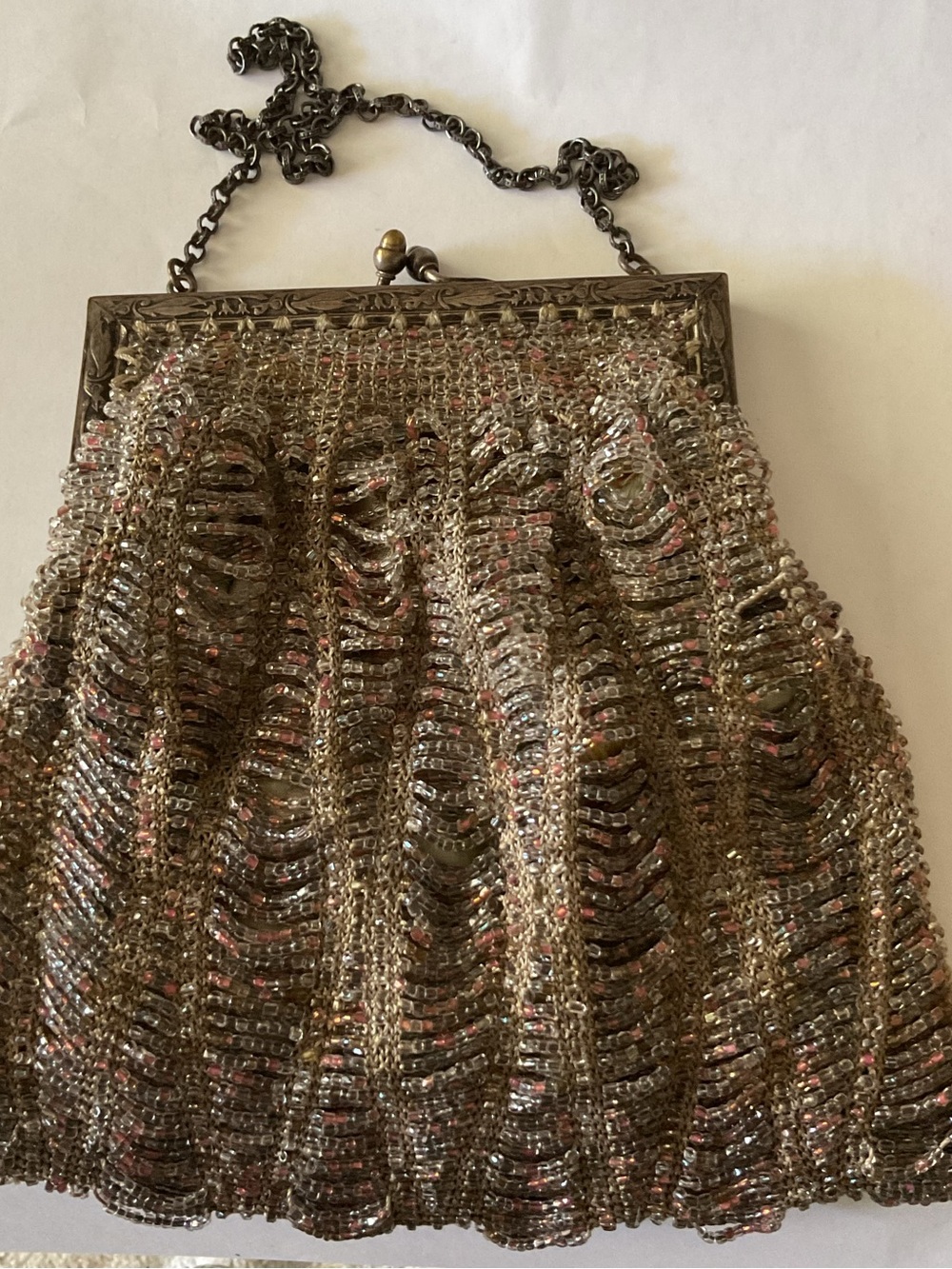 Antique Micro Beaded Mesh Evening Bag in Metallic Bronze Multi-Color